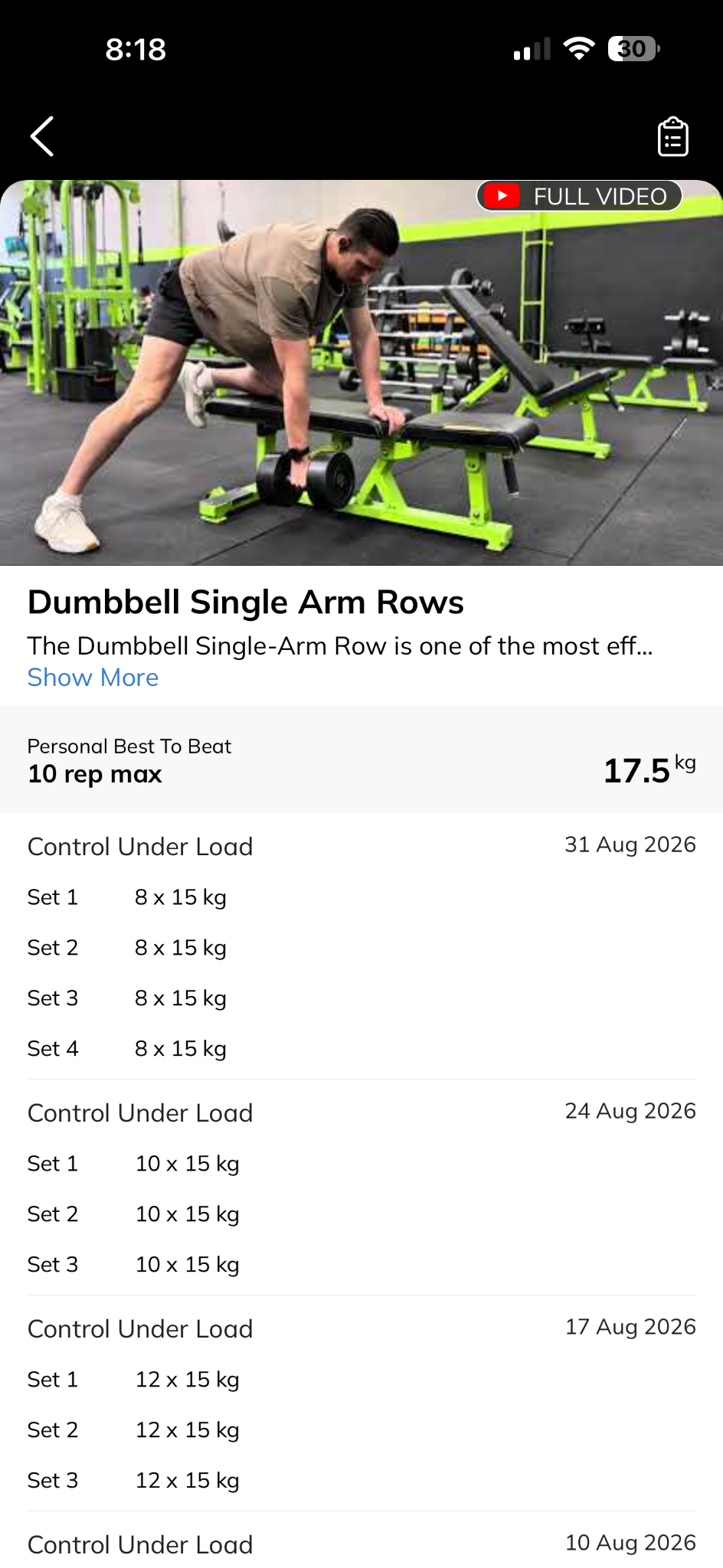Dumbbell single-arm row demonstration with personal best and recorded weights and reps from previous sessions