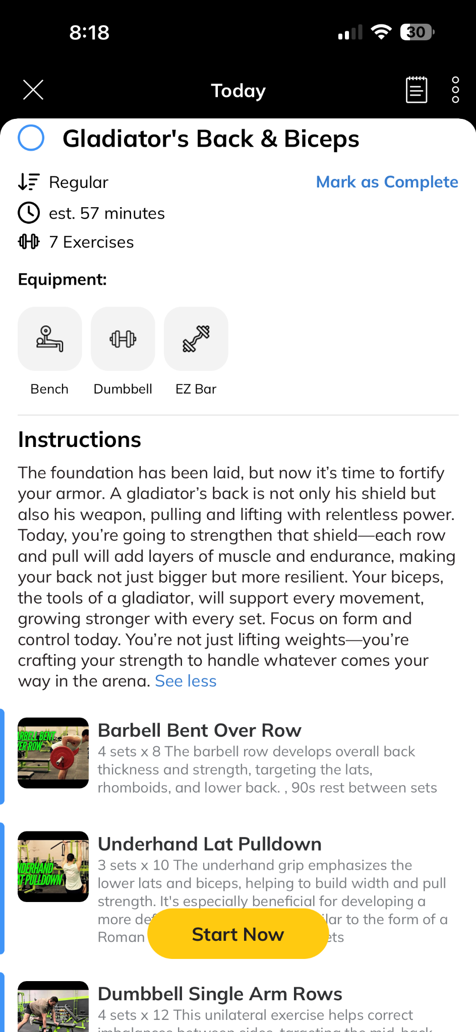 Back and biceps workout with equipment, instructions, exercise demonstrations, sets and reps